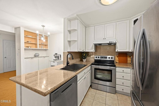 360 S Euclid Ave Unit 124, Pasadena, CA 91101 - kitchen featuring stainless steel appliances, open shelves, white cabinets, a peninsula, and under cabinet range hood
