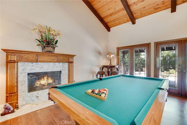 1013 Idaho Ct, Claremont, CA 91711 - playroom featuring french doors, wood finished floors, billiards, wooden ceiling, and a high end fireplace