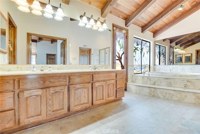 1013 Idaho Ct, Claremont, CA 91711 - full bath featuring wood ceiling, a bath, double vanity, and tile patterned floors