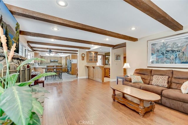1013 Idaho Ct, Claremont, CA 91711 - living room with light wood-style floors, a ceiling fan, beam ceiling, and recessed lighting