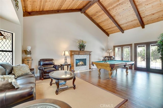 1013 Idaho Ct, Claremont, CA 91711 - recreation room featuring french doors, a wooden ceiling with exposed beams, wood finished floors, a high end fireplace, and pool table