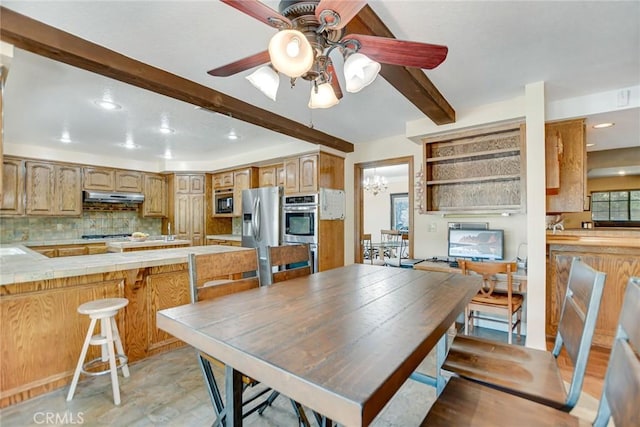 1013 Idaho Ct, Claremont, CA 91711 - dining space featuring beamed ceiling, a ceiling fan, recessed lighting, and a chandelier