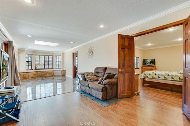 1013 Idaho Ct, Claremont, CA 91711 - living area with recessed lighting, light wood-type flooring, ornamental molding, and a skylight