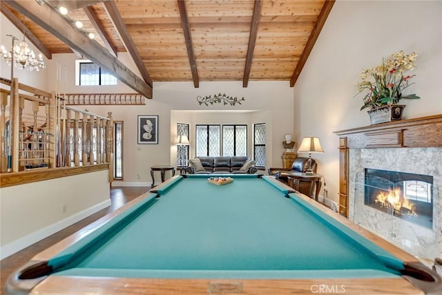 1013 Idaho Ct, Claremont, CA 91711 - game room featuring a wood ceiling with exposed beams, pool table, a premium fireplace, wood finished floors, and high vaulted ceiling