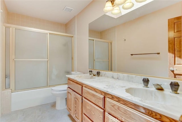 1013 Idaho Ct, Claremont, CA 91711 - bathroom featuring double vanity, enclosed tub / shower combo, a chandelier, and tile patterned floors