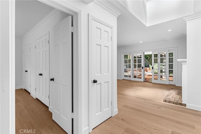 2610 Via Pacheco, Palos Verdes Estates, CA 90274 - hallway with crown molding, wood finished floors, french doors, and recessed lighting