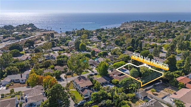 2610 Via Pacheco, Palos Verdes Estates, CA 90274 - aerial overview of property's location featuring property parcel outlined, nearby suburban area, and a large body of water