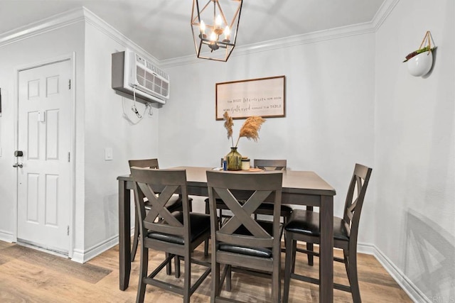 13323 Rancho Penasquitos Blvd Unit D206, San Diego, CA 92129 - dining space with wood finished floors, a chandelier, crown molding, and an AC wall unit