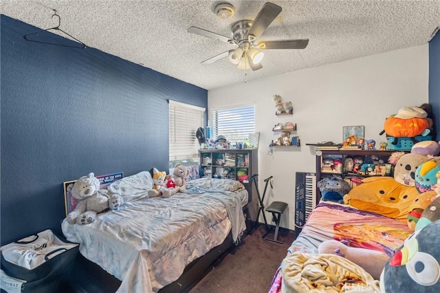 9765 Alburtis Ave Unit 143, Santa Fe Springs, CA 90670 - carpeted bedroom with a textured ceiling, ceiling fan, and a textured wall