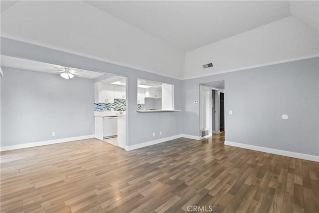 1477 Clemson Way, Riverside, CA 92507 - unfurnished living room with ceiling fan, light wood finished floors, and high vaulted ceiling