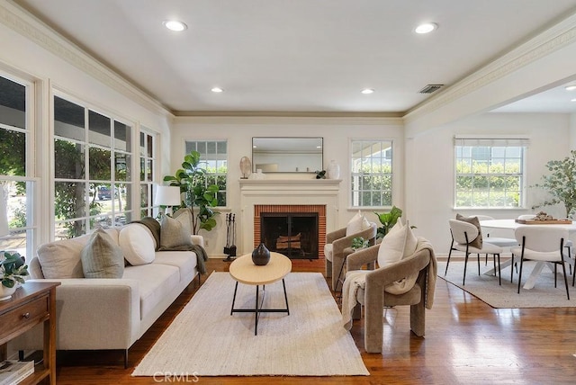 406 University Ave, Burbank, CA 91504 - living room with dark wood-type flooring, a fireplace, ornamental molding, and recessed lighting