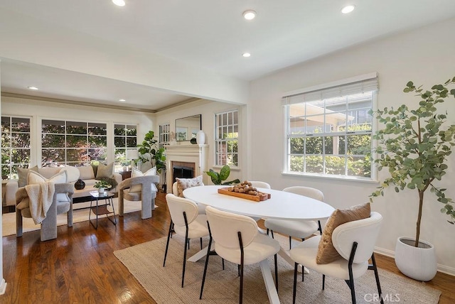 406 University Ave, Burbank, CA 91504 - dining room with a fireplace, dark wood-style flooring, and recessed lighting