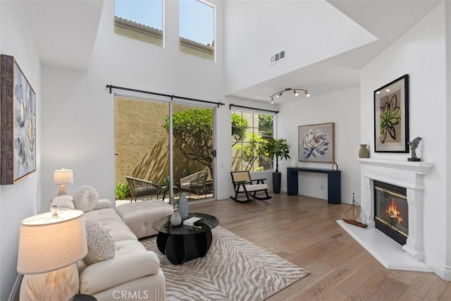 54 Hawaii Dr, Aliso Viejo, CA 92656 - living room with wood finished floors, a glass covered fireplace, and a towering ceiling