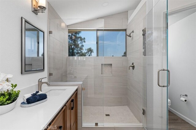 54 Hawaii Dr, Aliso Viejo, CA 92656 - bathroom with vanity, a stall shower, and wood finished floors