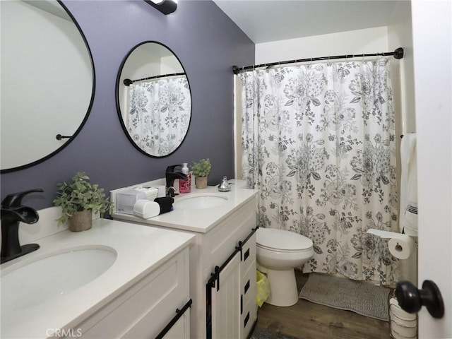 3687 Madison Dr, Clearlake, CA 95422 - full bath featuring vanity, wood finished floors, and a shower with shower curtain