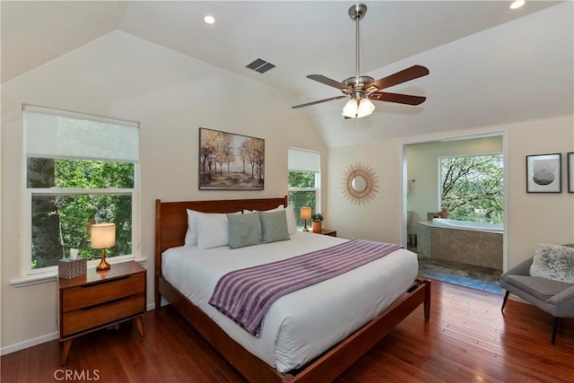 394 Emerald Dr, Lake Arrowhead, CA 92352 - bedroom with lofted ceiling, hardwood / wood-style flooring, recessed lighting, and a ceiling fan