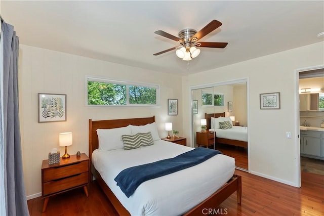 394 Emerald Dr, Lake Arrowhead, CA 92352 - bedroom featuring wood finished floors, a closet, and a ceiling fan