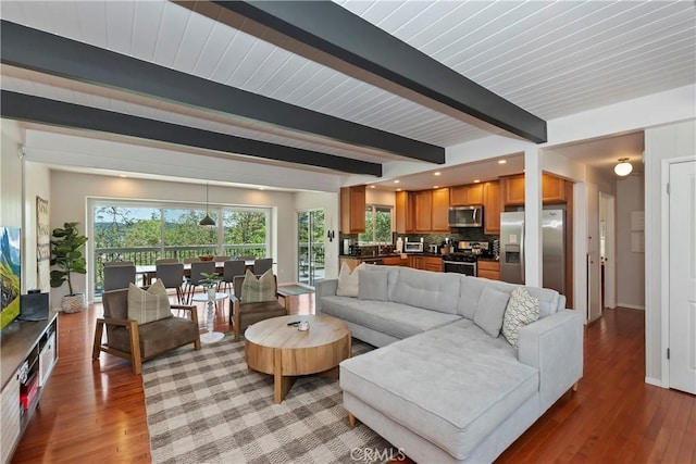 394 Emerald Dr, Lake Arrowhead, CA 92352 - living room featuring beam ceiling and light wood-style floors
