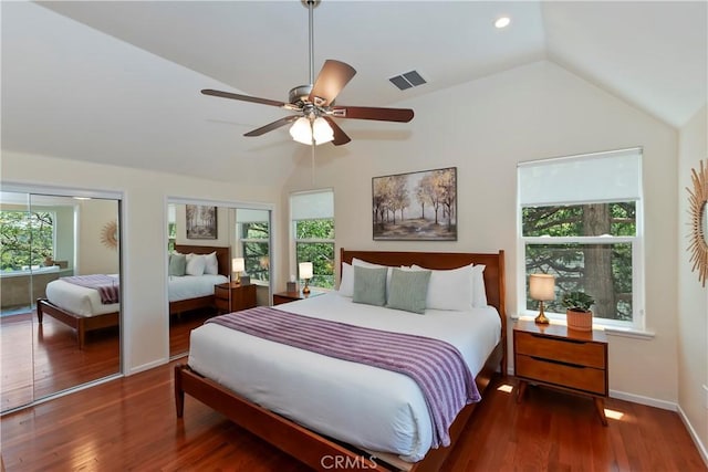 394 Emerald Dr, Lake Arrowhead, CA 92352 - bedroom featuring lofted ceiling, two closets, wood finished floors, a ceiling fan, and recessed lighting