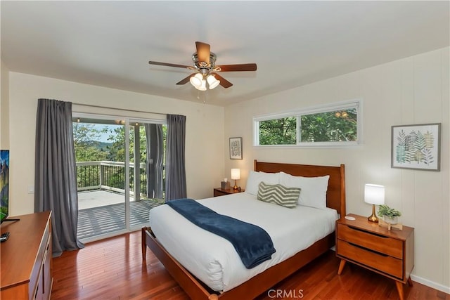 394 Emerald Dr, Lake Arrowhead, CA 92352 - bedroom featuring access to exterior, dark wood-style flooring, and ceiling fan