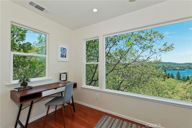 394 Emerald Dr, Lake Arrowhead, CA 92352 - home office with wood finished floors, healthy amount of natural light, recessed lighting, and a water view