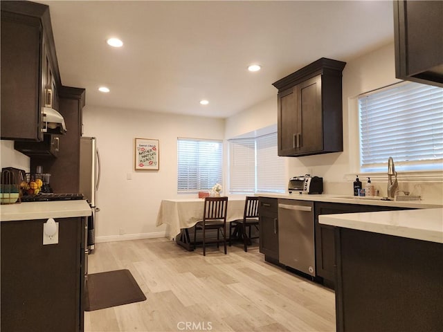1150 W Santa Clara Ave, Santa Ana, CA 92706 - kitchen with appliances with stainless steel finishes, light countertops, under cabinet range hood, light wood-style floors, and dark brown cabinets