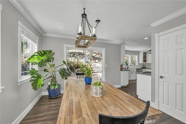 19072 Redbud Rd, Hidden Valley Lake, CA 95467 - dining space with a chandelier, dark wood-type flooring, recessed lighting, and crown molding