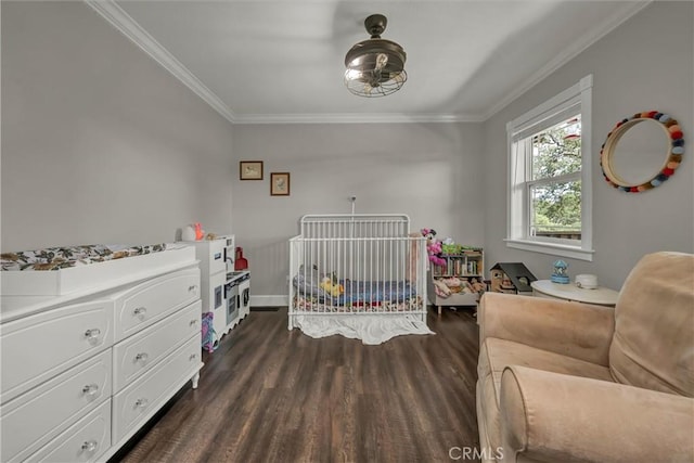 19072 Redbud Rd, Hidden Valley Lake, CA 95467 - bedroom featuring dark wood-style floors, crown molding, and a crib