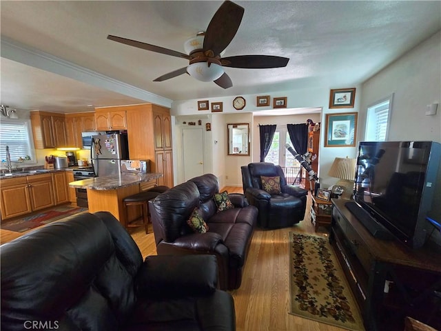 2445 Spring Dr, Running Springs, CA 92382 - living area featuring a ceiling fan and light wood finished floors
