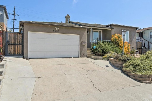 6038 Bradford St, San Diego, CA 92115 - single story home featuring stucco siding, a garage, concrete driveway, a chimney, and a gate