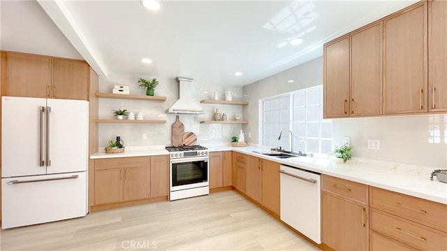 4 Skipper, Irvine, CA 92604 - kitchen with white appliances, premium range hood, open shelves, light brown cabinetry, and light wood-style floors