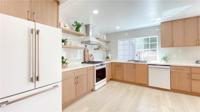 4 Skipper, Irvine, CA 92604 - kitchen with white appliances, open shelves, light brown cabinets, custom range hood, and light countertops