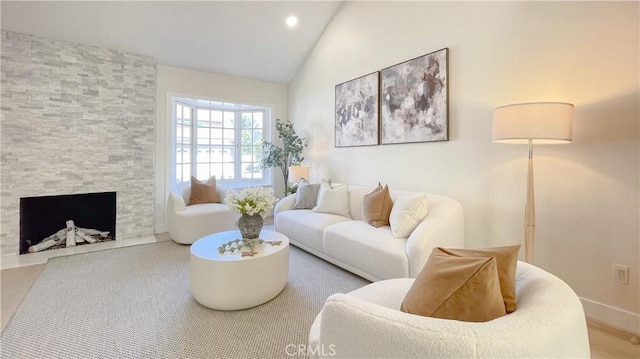 4 Skipper, Irvine, CA 92604 - living room featuring a large fireplace, recessed lighting, and high vaulted ceiling