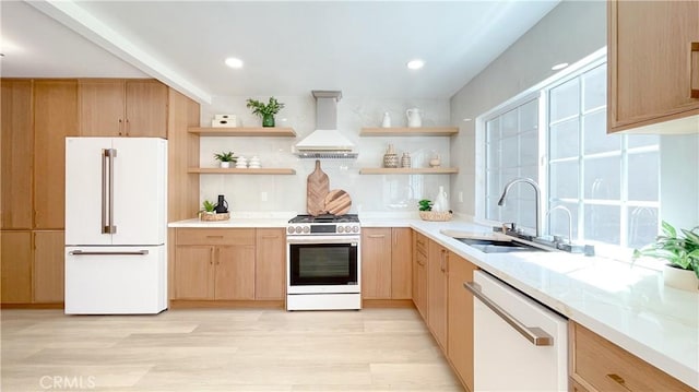4 Skipper, Irvine, CA 92604 - kitchen with white appliances, custom range hood, light brown cabinetry, open shelves, and light wood-style floors