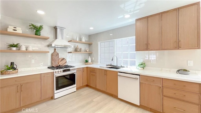 4 Skipper, Irvine, CA 92604 - kitchen featuring dishwasher, gas stove, open shelves, wall chimney exhaust hood, and light brown cabinetry