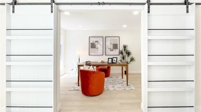 4 Skipper, Irvine, CA 92604 - detailed view of a barn door, wood finished floors, a desk, and recessed lighting