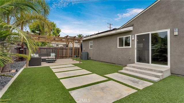 5202 E Conant St, Long Beach, CA 90808 - fenced backyard featuring outdoor lounge area, entry steps, a pergola, and a patio