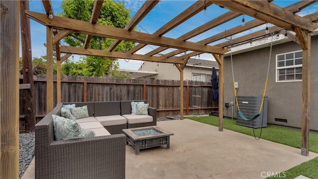 5202 E Conant St, Long Beach, CA 90808 - fenced backyard featuring an outdoor living space with a fire pit, a pergola, and a patio area
