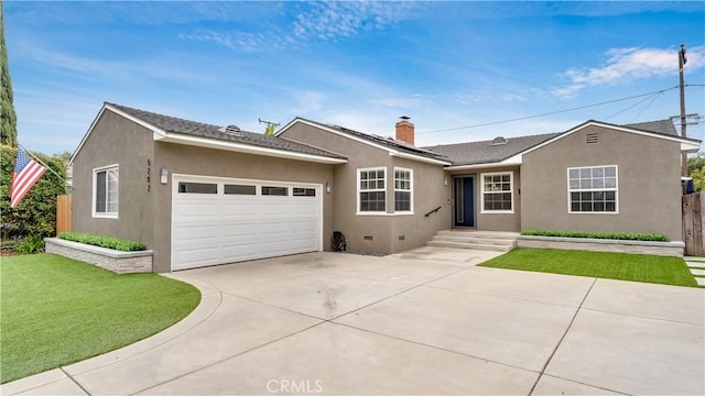 5202 E Conant St, Long Beach, CA 90808 - single story home with a garage, concrete driveway, stucco siding, and a chimney