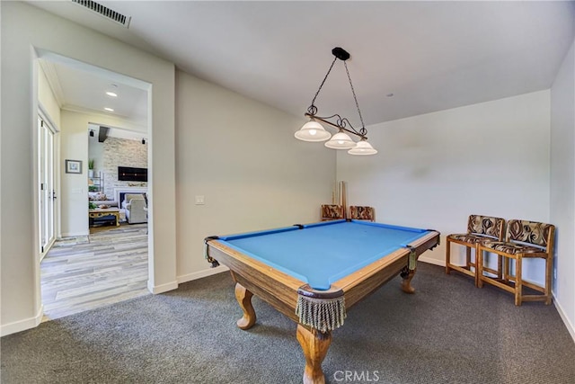 35115 Mahogany Glen Dr, Winchester, CA 92596 - playroom featuring carpet, pool table, and a large fireplace