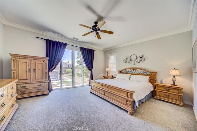 35115 Mahogany Glen Dr, Winchester, CA 92596 - bedroom with access to outside, light colored carpet, ornamental molding, and ceiling fan