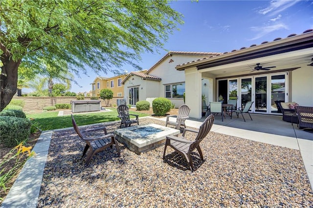 35115 Mahogany Glen Dr, Winchester, CA 92596 - view of patio with a hot tub, ceiling fan, and a fire pit