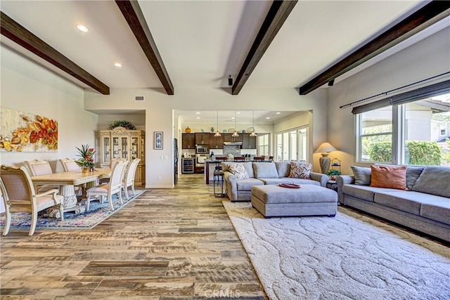 35115 Mahogany Glen Dr, Winchester, CA 92596 - living area with recessed lighting, light wood-type flooring, and beamed ceiling