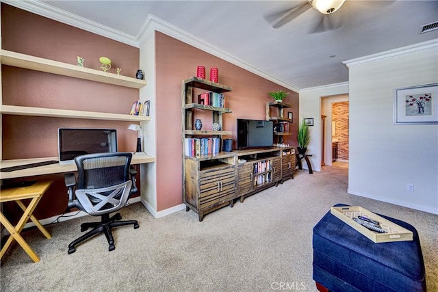 35115 Mahogany Glen Dr, Winchester, CA 92596 - home office with ornamental molding, carpet floors, and a ceiling fan