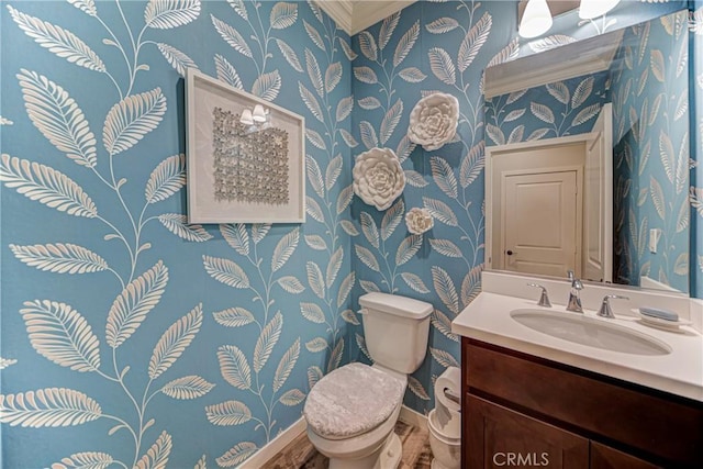 35115 Mahogany Glen Dr, Winchester, CA 92596 - bathroom with wallpapered walls, vanity, and crown molding