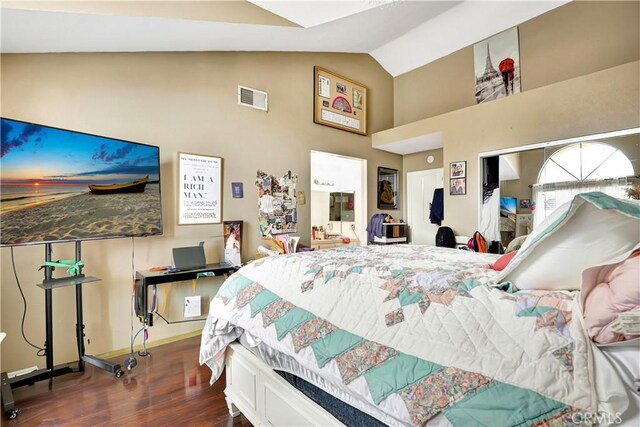 12161 Napoli Dr, Cerritos, CA 90703 - bedroom featuring dark wood-style floors and high vaulted ceiling