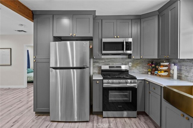 156 W Wabash St, San Bernardino, CA 92405 - kitchen with gray cabinetry, stainless steel appliances, light countertops, and tasteful backsplash
