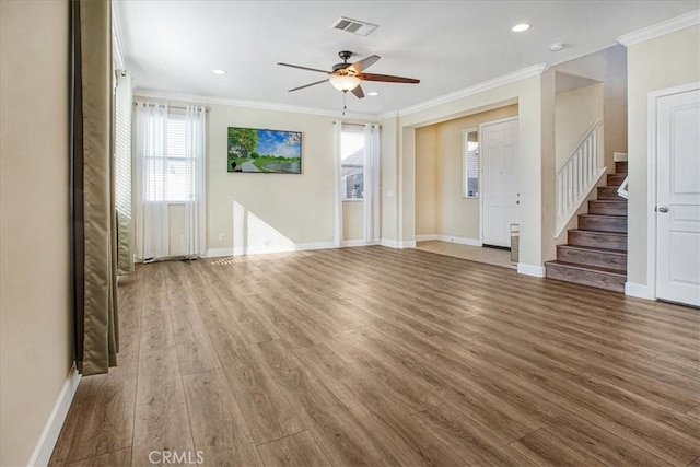 29234 St Andrews, Lake Elsinore, CA 92530 - unfurnished living room with crown molding, wood finished floors, a ceiling fan, stairway, and recessed lighting