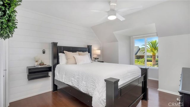2867 N Shady Glen Ln, Orange, CA 92867 - bedroom featuring dark wood-style floors, lofted ceiling, and a ceiling fan