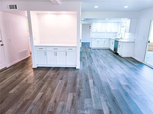 10672 Finch Ave, Rancho Cucamonga, CA 91737 - kitchen featuring dishwasher, white cabinets, dark wood-type flooring, light countertops, and recessed lighting